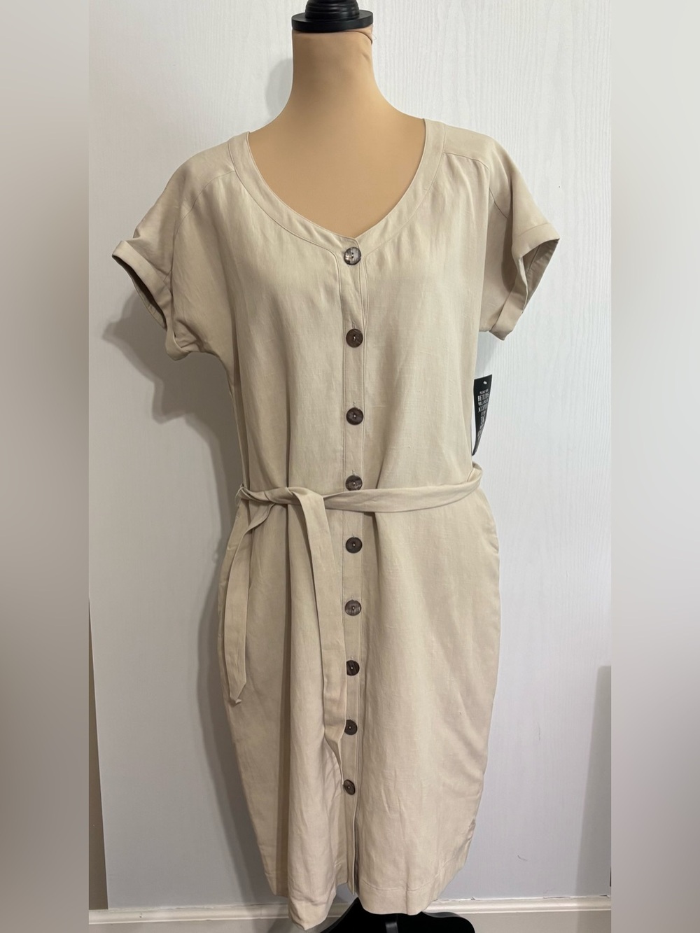 Pure Collection Silk Linen Dress Womens 12 Tan Button Front Short Sleeve New